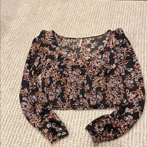 Free People Black Floral Print Fitted Crop Blouser